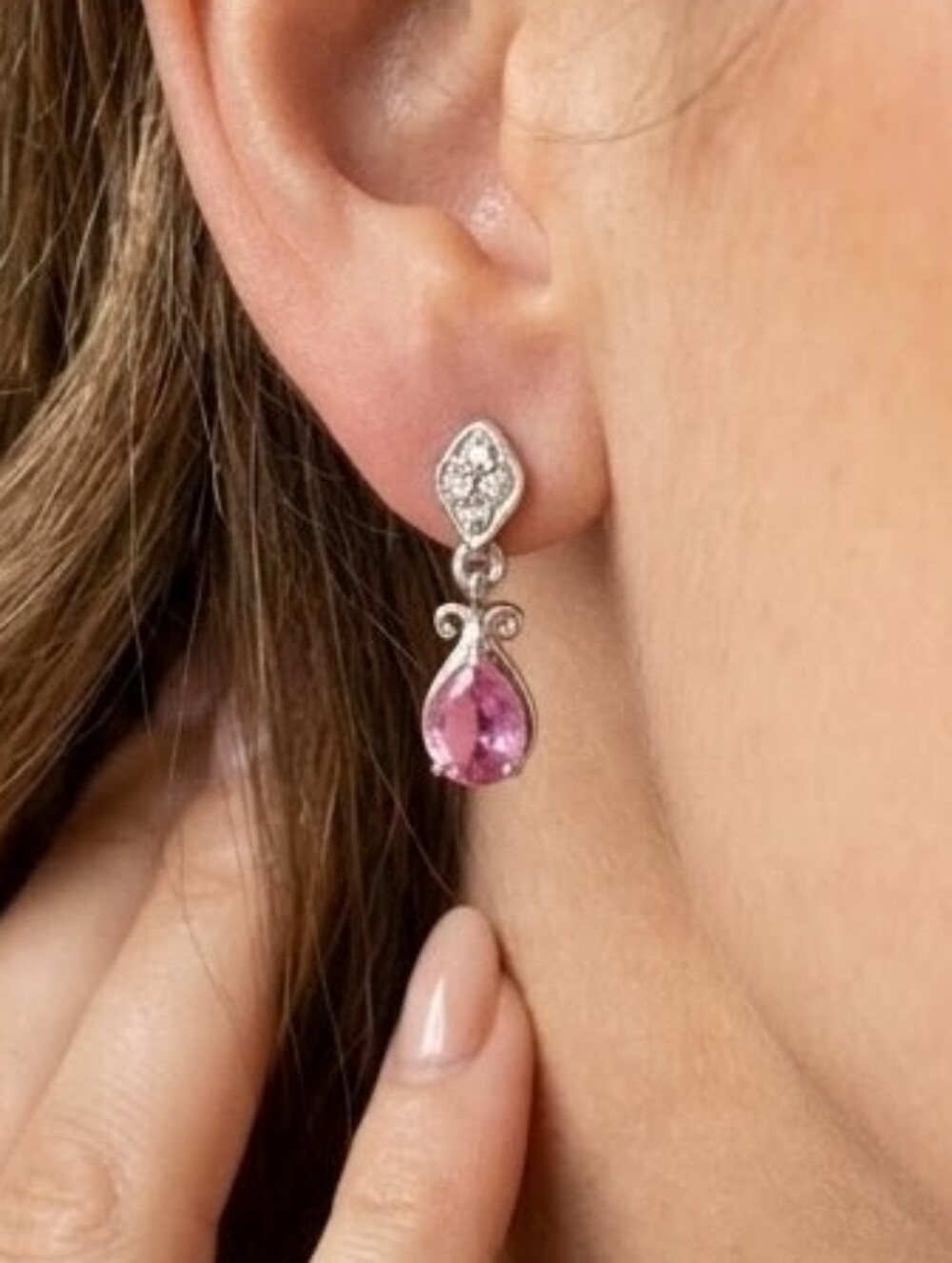 1.80ctw  Madagascar Pink Sapphire & Zircon Rhodium Plated 925 Silver Earrings